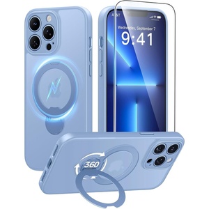 FNTCASE for iPhone 16 Pro Max Case with 360 Spin Magnetic Stand Black(Light Blue)